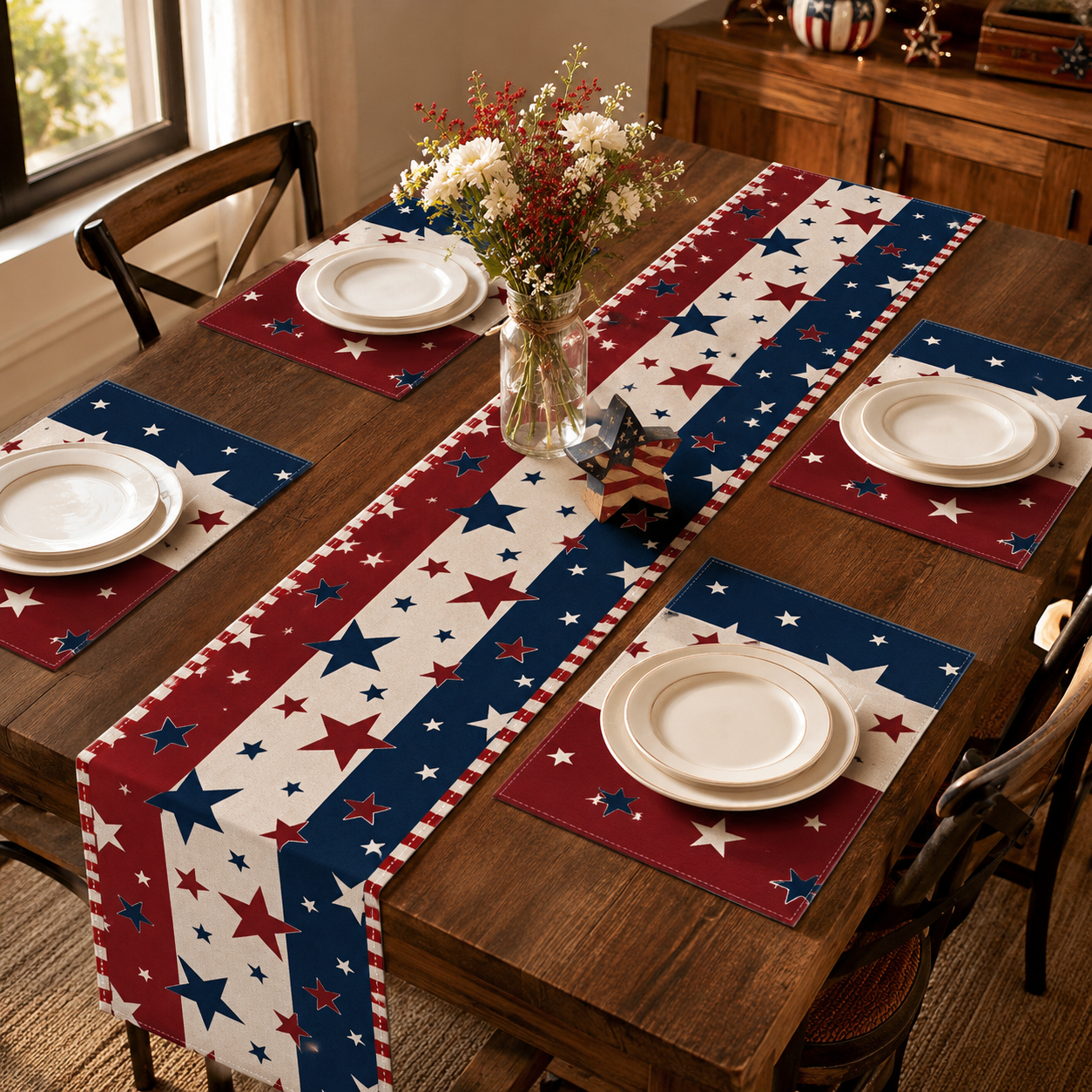Patriotic Tablecloths And Placemats In Red, White And Blue With a July 4th Theme