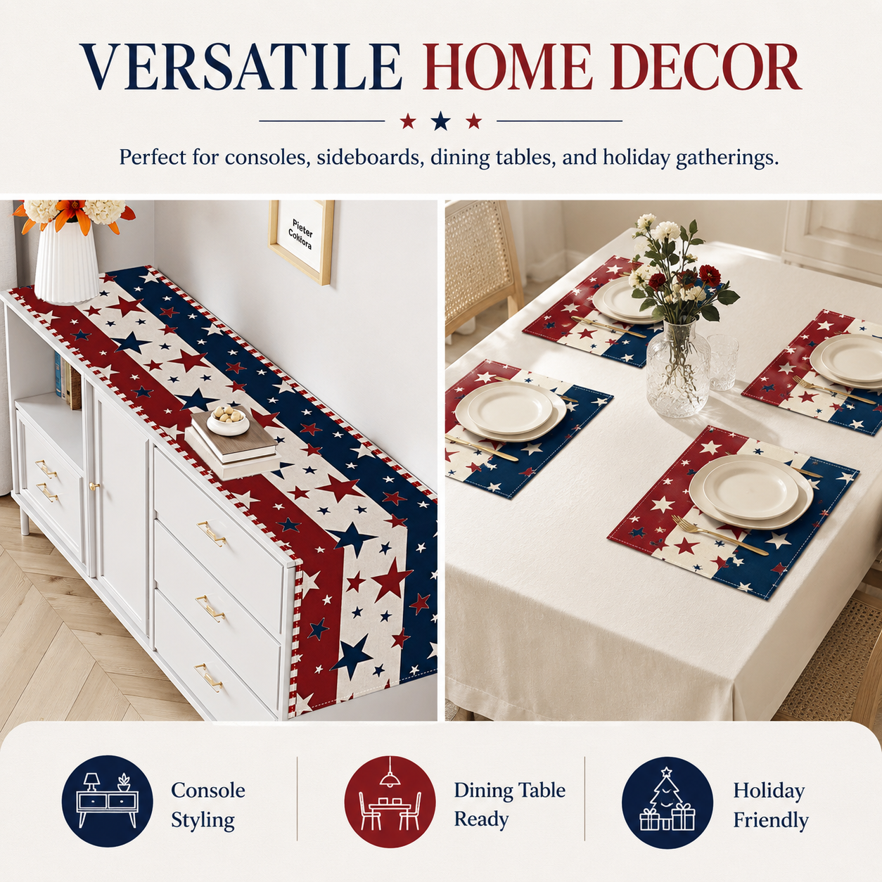 Patriotic Tablecloths And Placemats In Red, White And Blue With a July 4th Theme