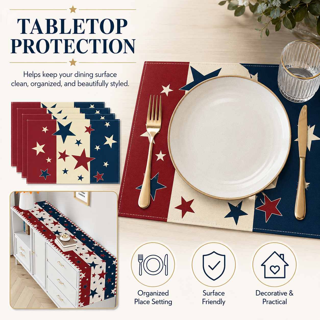 Patriotic Tablecloths And Placemats In Red, White And Blue With a July 4th Theme