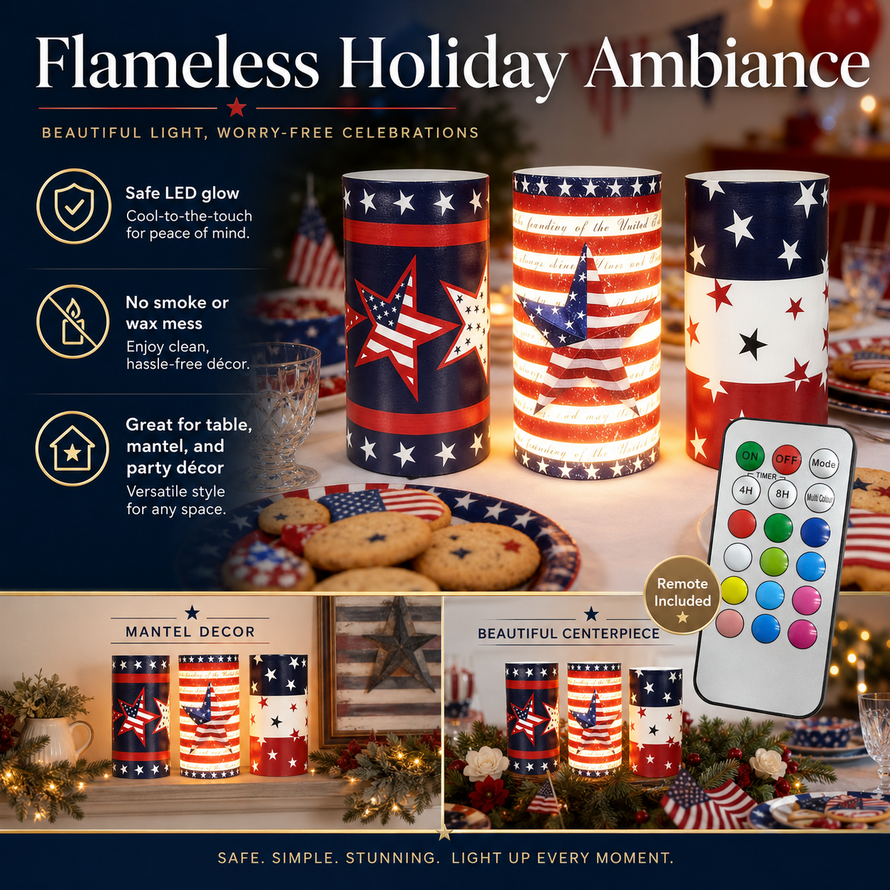 3-pcs Patriotic LED Candle Set with Remote