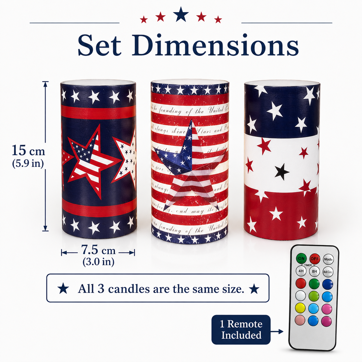 3-pcs Patriotic LED Candle Set with Remote