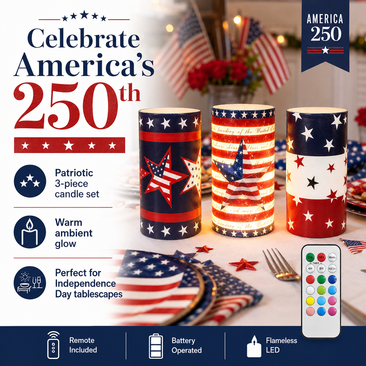 3-pcs Patriotic LED Candle Set with Remote