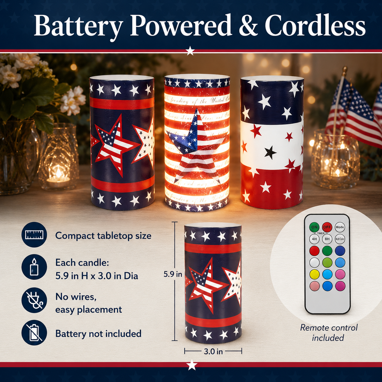 3-pcs Patriotic LED Candle Set with Remote