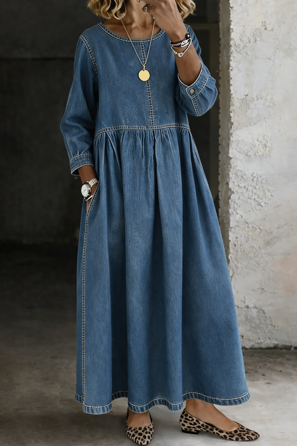 Round Neck Long Sleeve Denim Dress