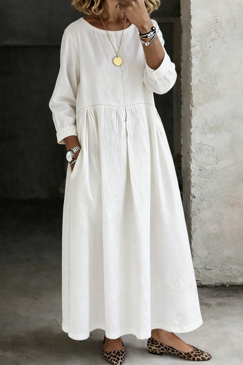 Round Neck Long Sleeve Denim Dress