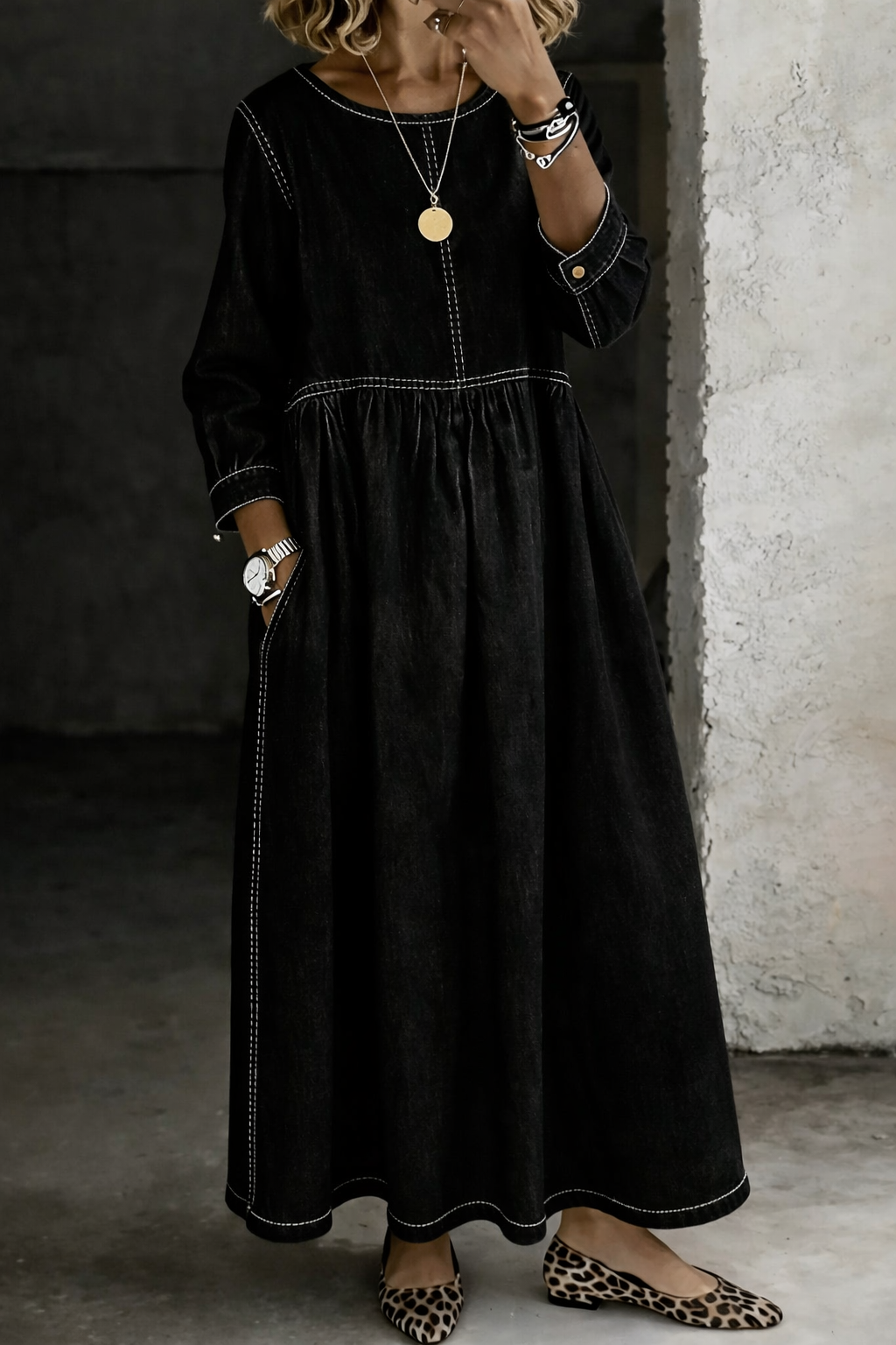 Round Neck Long Sleeve Denim Dress