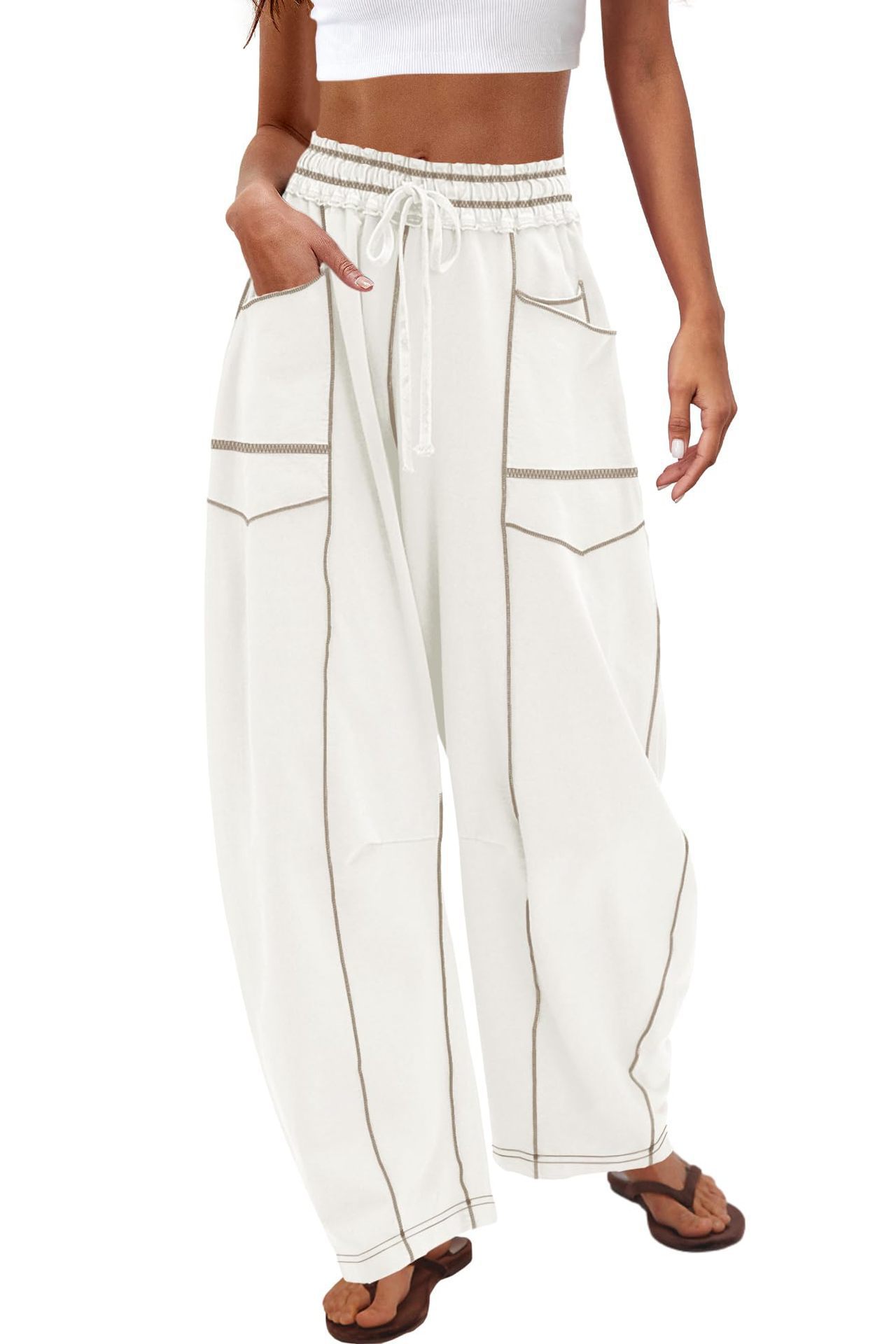 Womens Baggy Barrel Pants Wide Leg Lounge Drawstring Sweatpants with Pockets