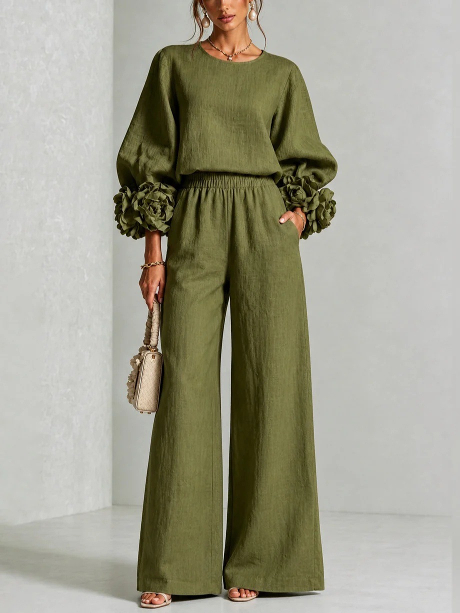 Chic 3D Rosette Sleeve Two-Piece Set