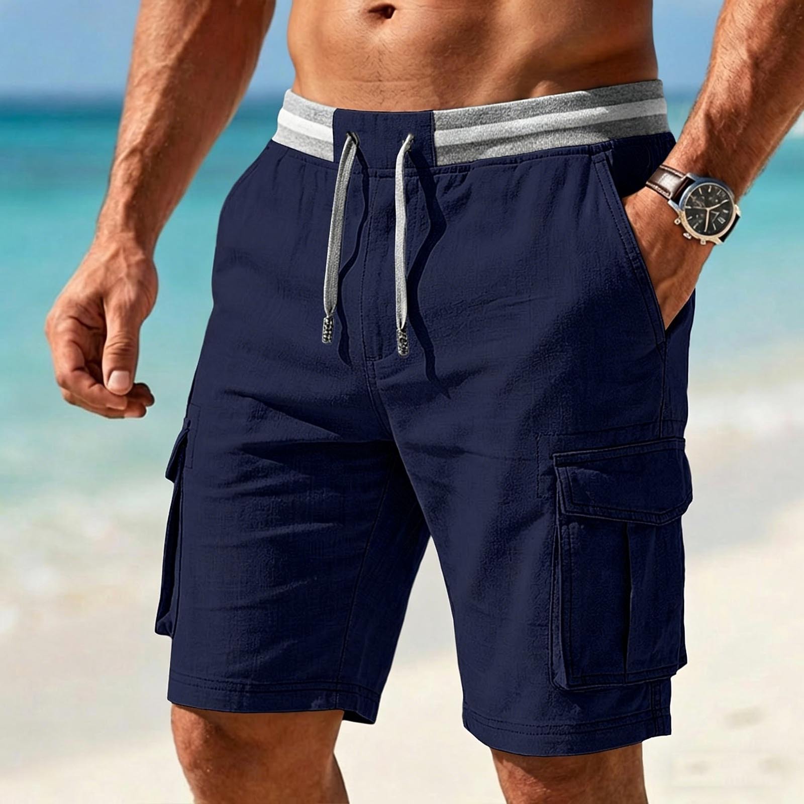 🩳Men Striped Waist Drawstring Multi Pocket Cargo Shorts