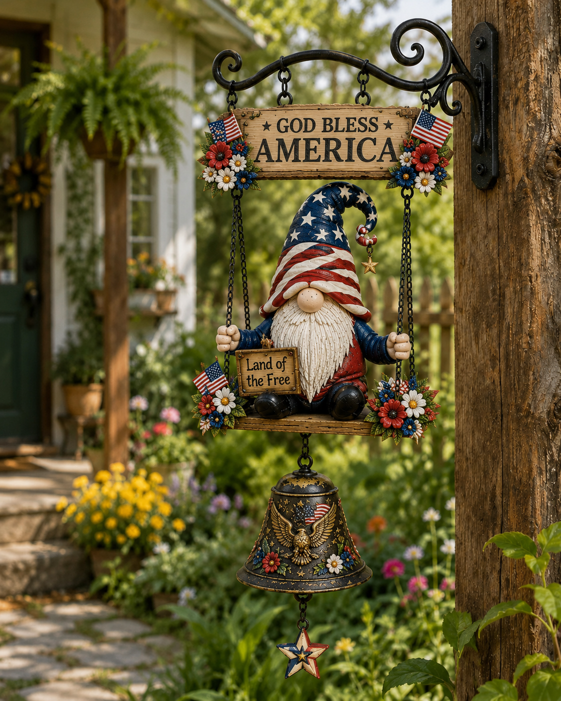 Patriotic Gnome Welcome Bell｜Americana Porch & Garden Hanging Decor