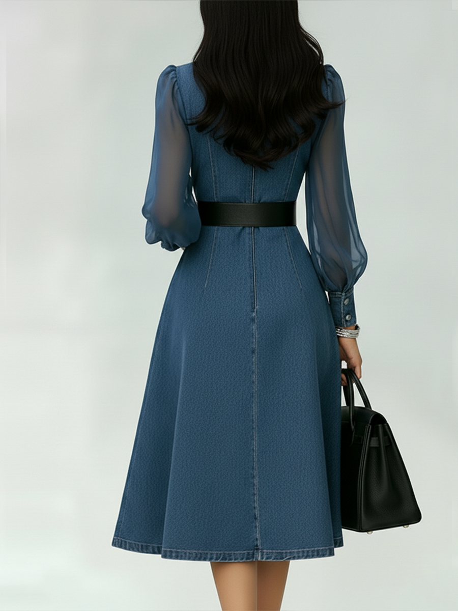 👗Slim Fit Stand Collar Denim Midi Dress– Elegant Everyday Chic✨