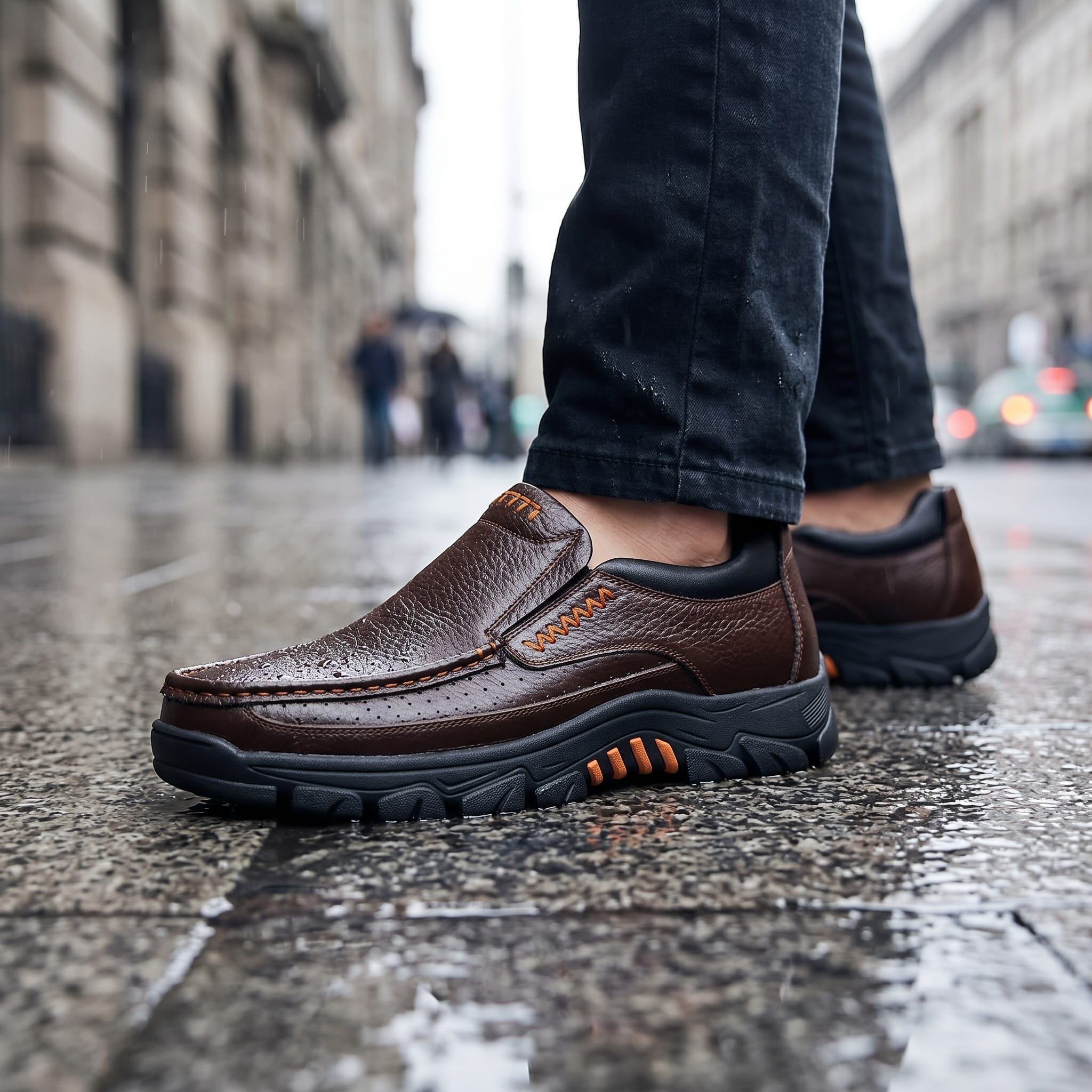 Waterproof genuine leather shoe rain scene