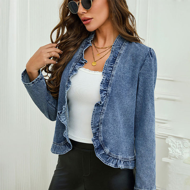 🥳2026 HOT SALE🥳💞50K+ SOLD!👵☀️ 58% OFF! Open-Front Denim Jacket – No buttons, easy on/off. Flattering ruffle trim, breathable fabric. Classic blue wash. A versatile wardrobe staple. 🌿✅