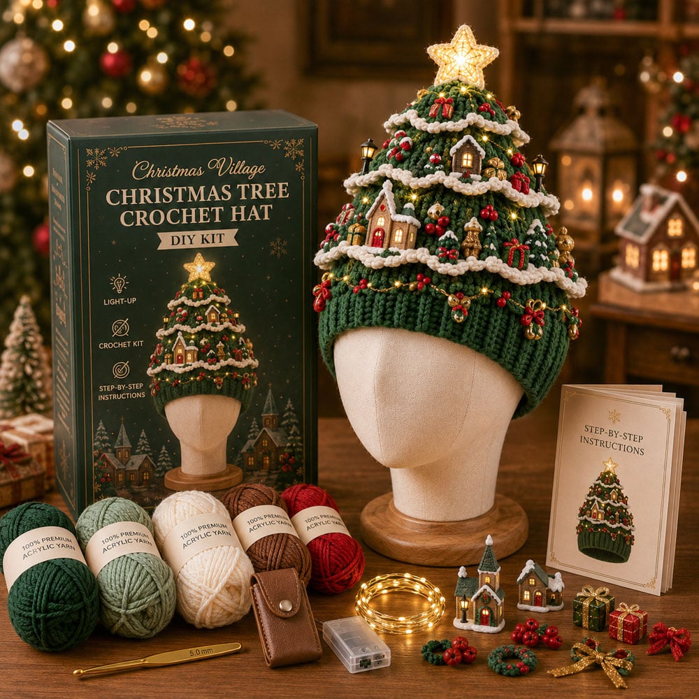  🎄✨Beginner-Friendly Light-Up Christmas Tree Crochet Hat DIY Kit