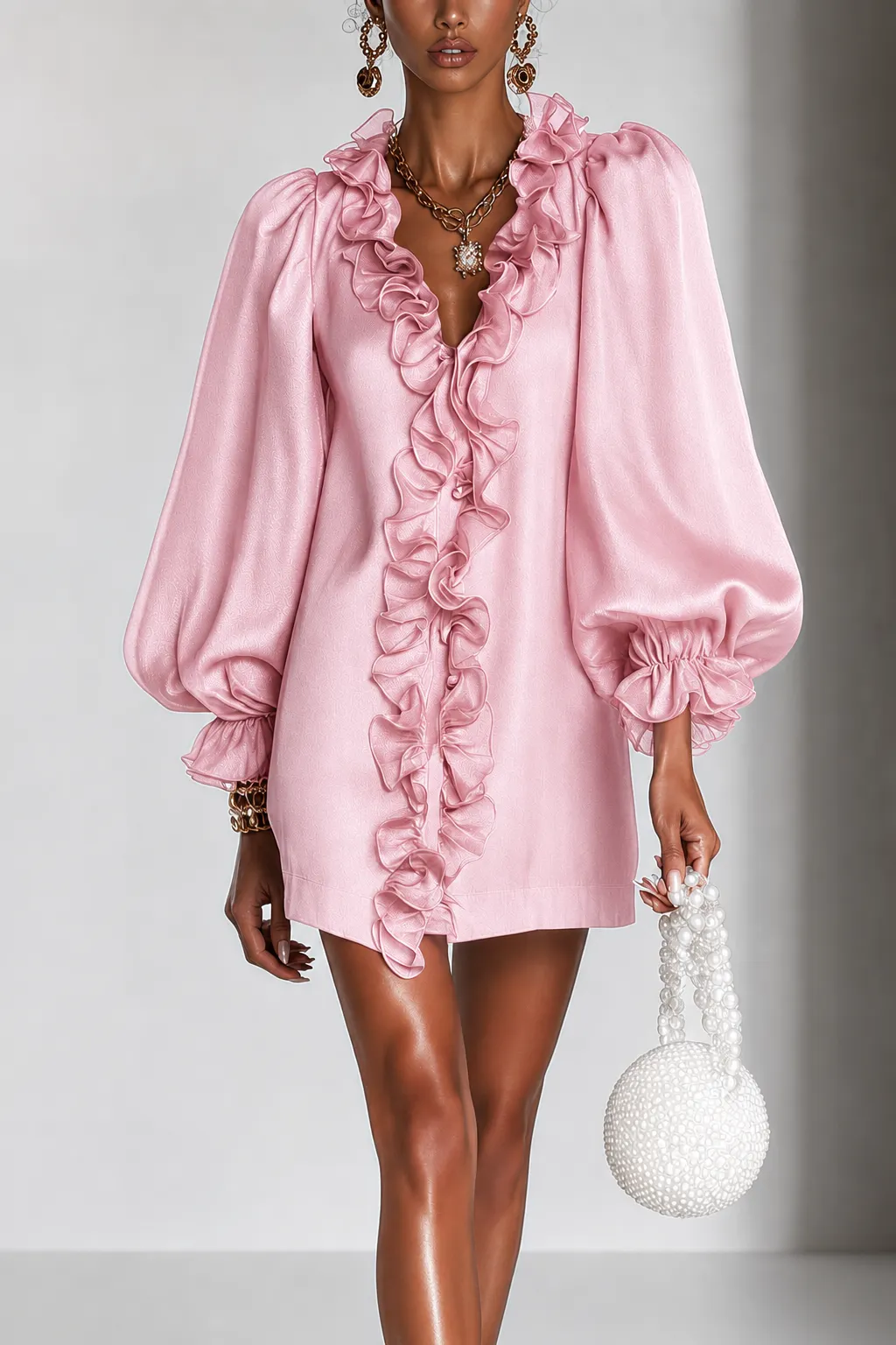 Ruffled Puff-Sleeve Loose Straight-Cut Mini Dress