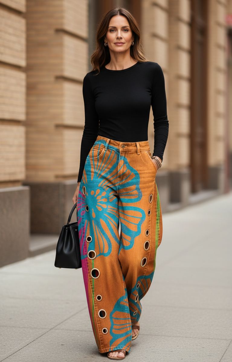 Women's Retro Floral Art Print Casual Stylish Hollow Pants