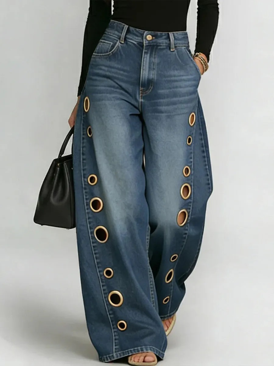 Women's Retro Floral Art Print Casual Stylish Hollow Pants