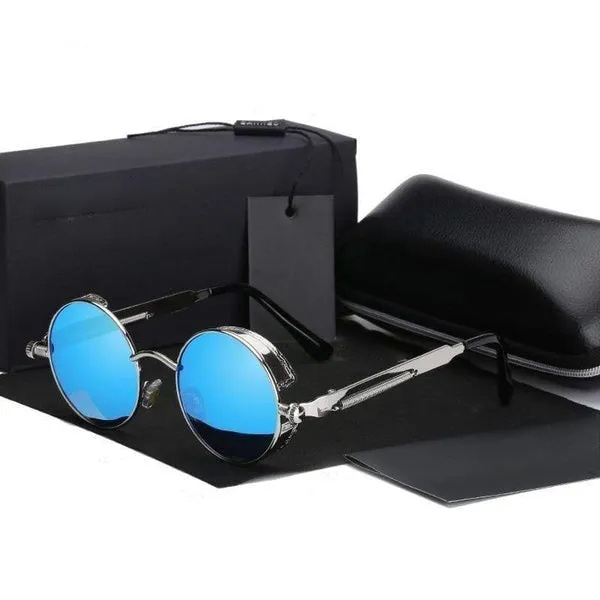 Men's Retro Round Metal HD Polarized Punk Steampunk Sunglasses