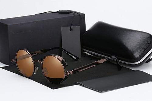 Men's Retro Round Metal HD Polarized Punk Steampunk Sunglasses