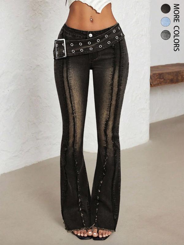Women's Low Waist Bell-Bottom Jeans With Big Sun Logo Button And Eyelets Big Belt，Bootcut Jeans,Comfortable Stretch Denim Jeans，Patchwork Fringe Washed Vintage Long Pants, Casual Denim Trousers for Everyday Wear