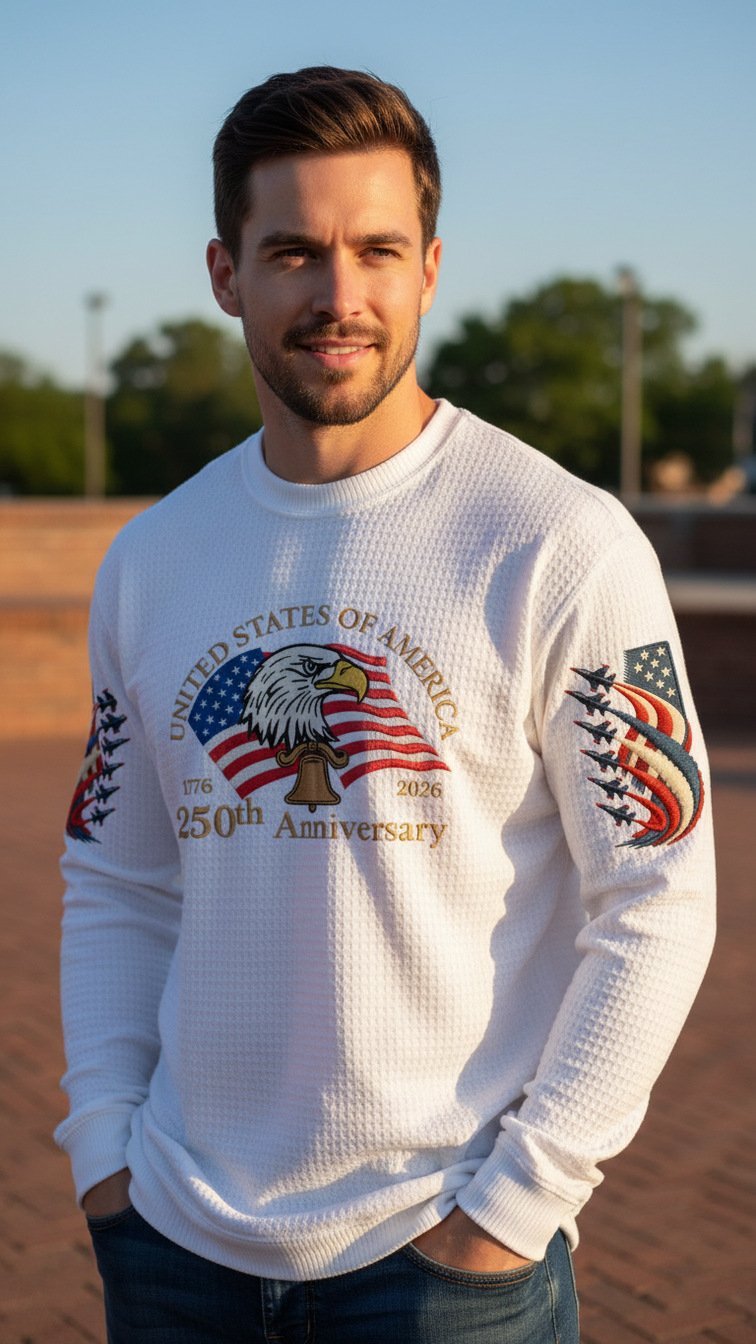 Men's American 250th Anniversary Print Waffle Knit Long-Sleeve T-Shirt