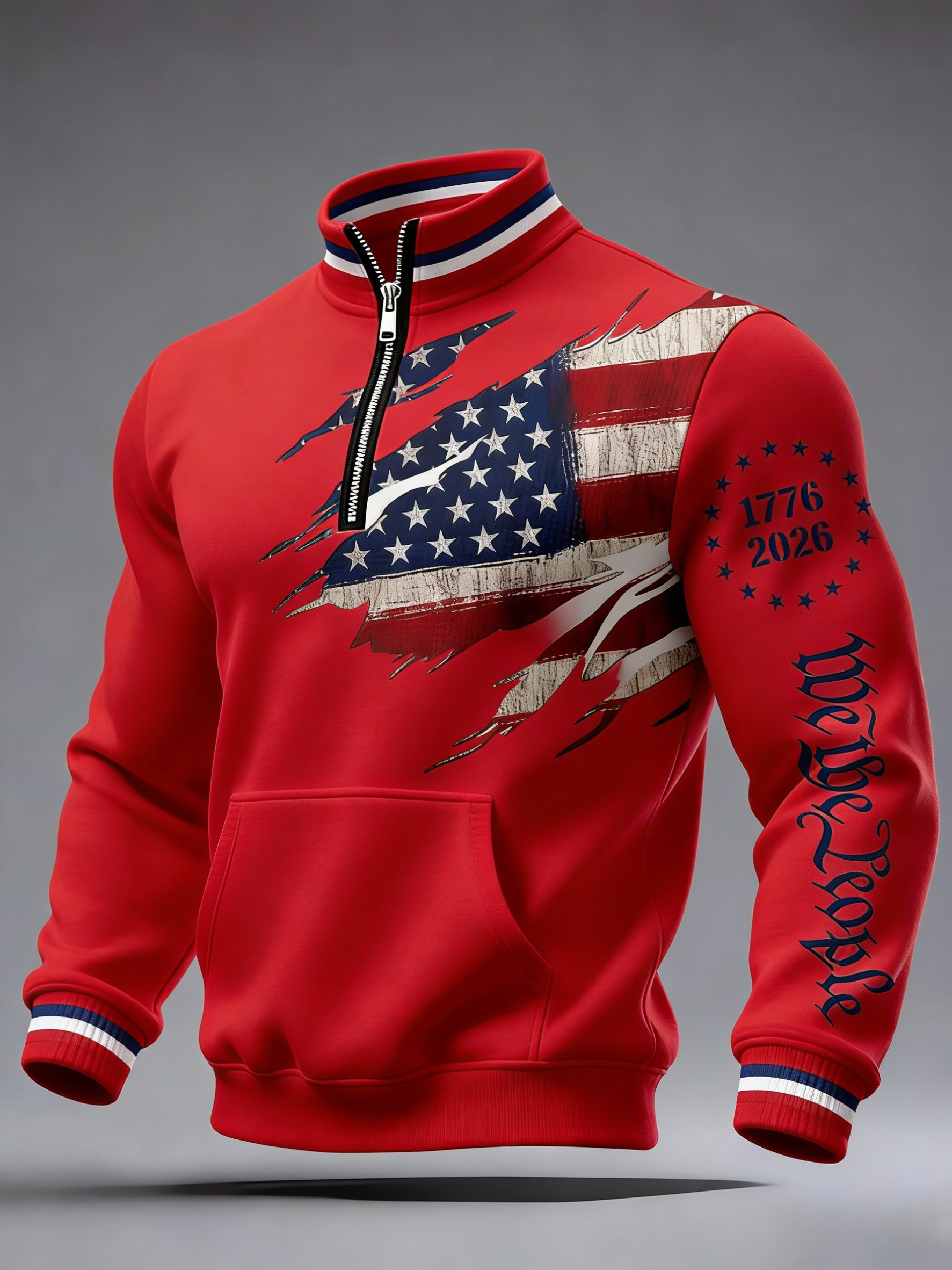 Men's USA 250th Anniversary Commemorative Casual Printed Stand-Up Collar Zip-Up Sweatshirt