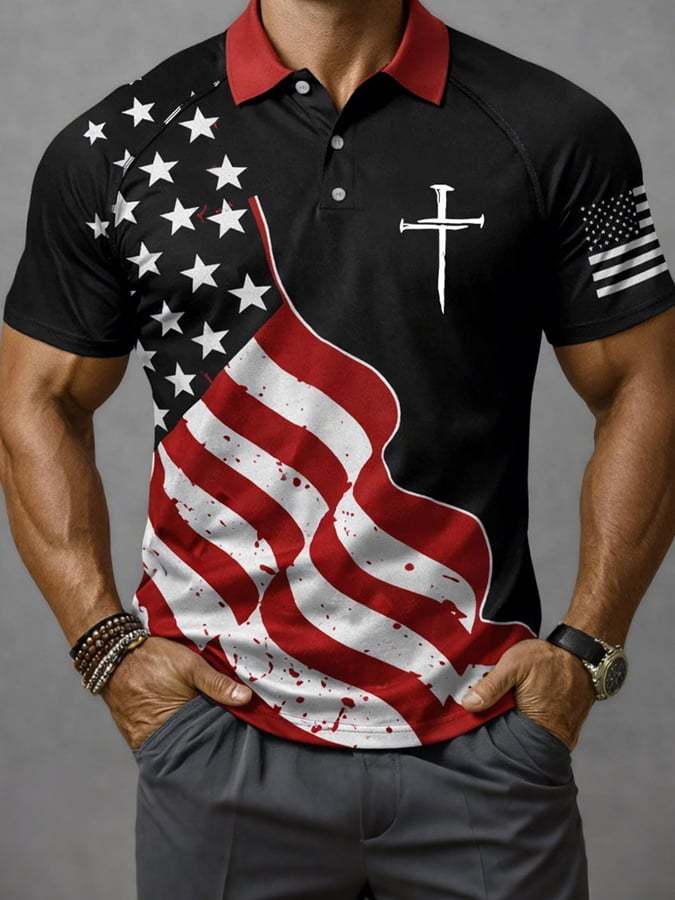 🎖️Men's Retro Faith Cross Print Casual Polo Shirt