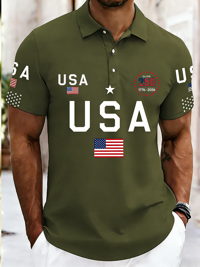 Men's Casual American 250th Anniversary Print Polo Shirt