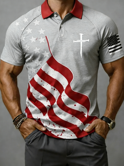 🎖️Men's Retro Faith Cross Print Casual Polo Shirt