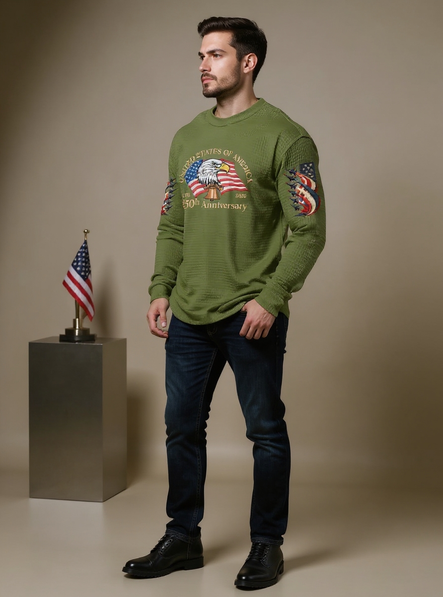Men's 250th Anniversary of the Founding of the United States Printed Waffle Long-Sleeve T-Shirt!