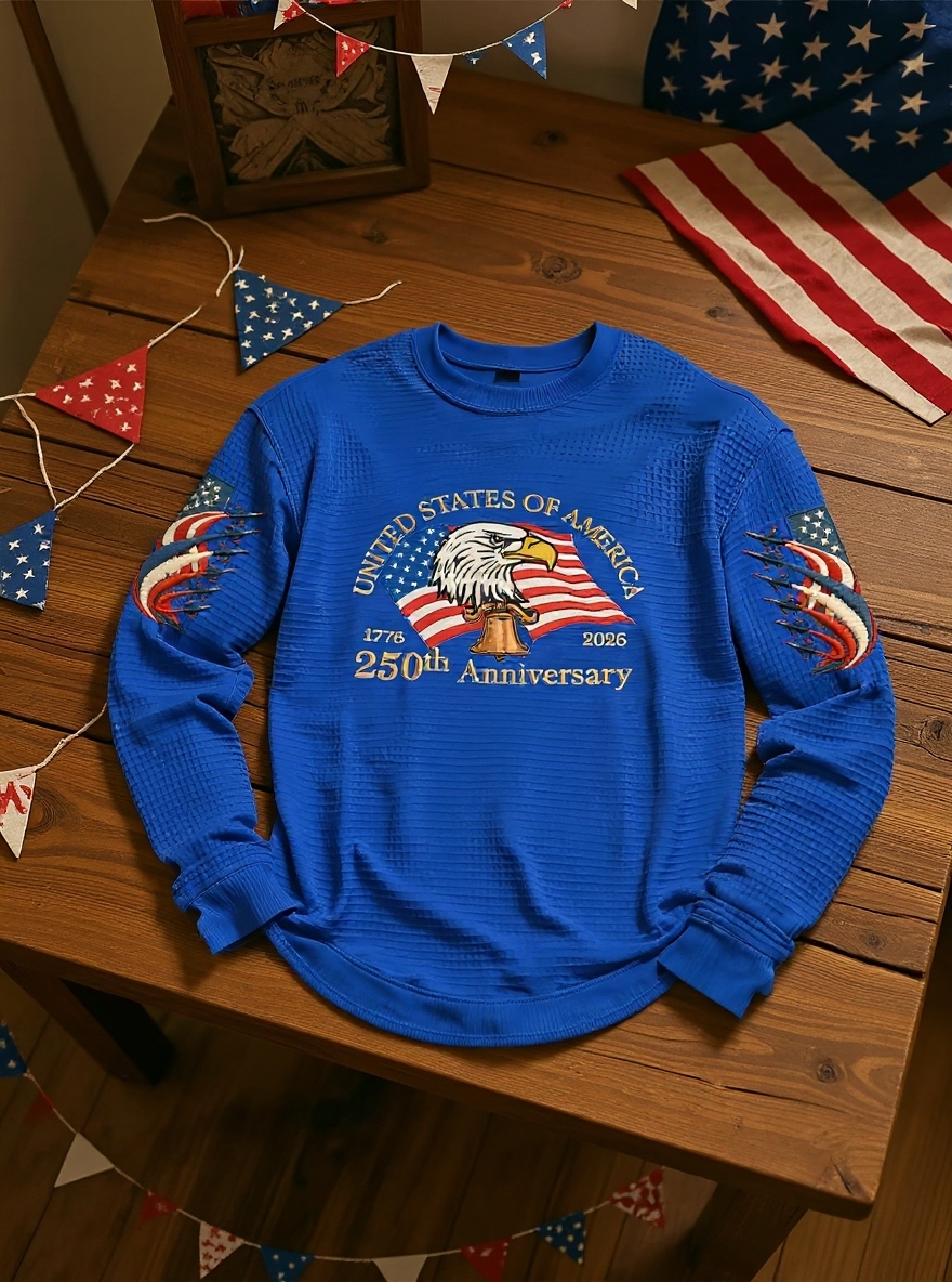 Men's 250th Anniversary of the Founding of the United States Printed Waffle Long-Sleeve T-Shirt!