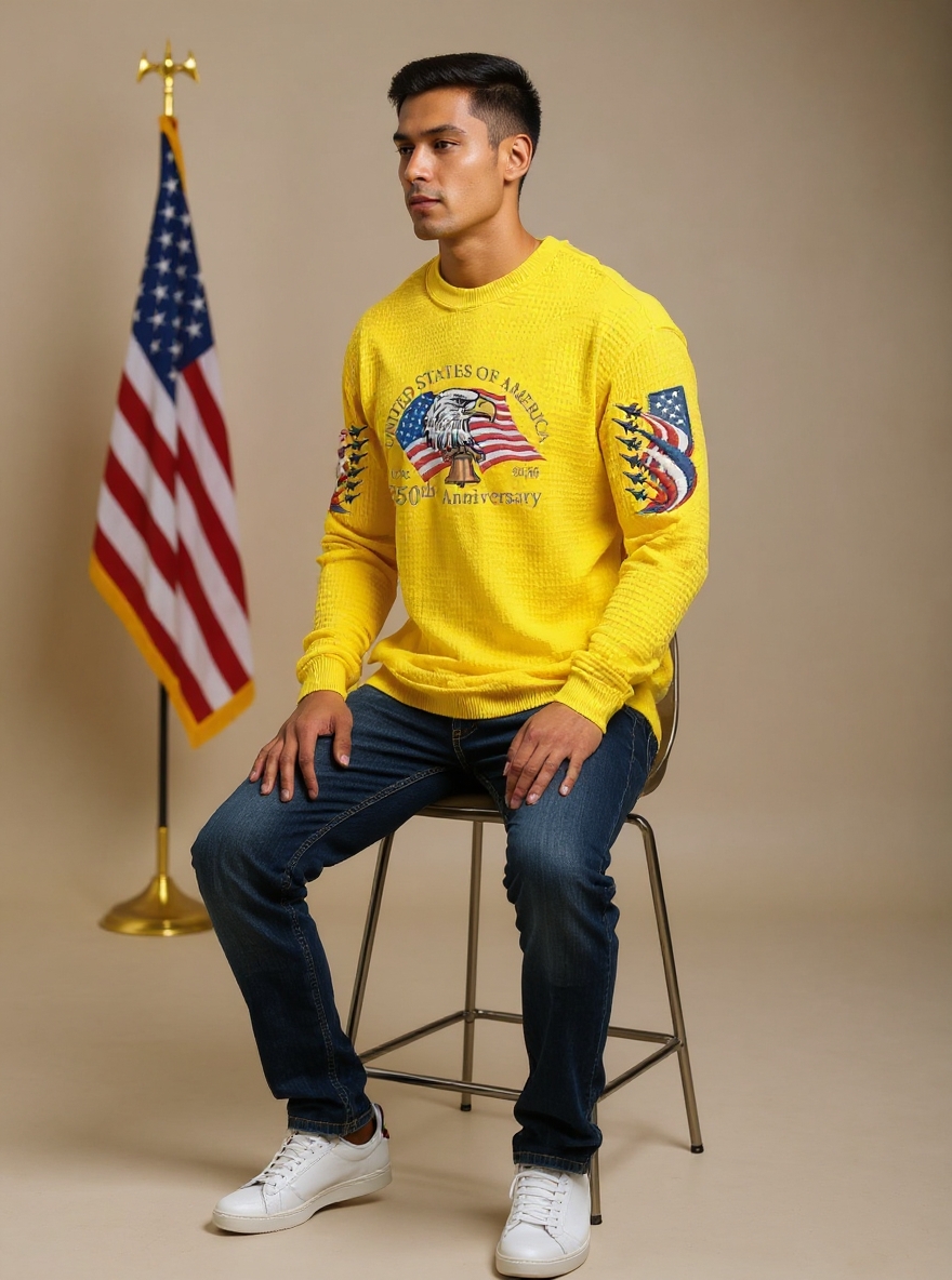 Men's 250th Anniversary of the Founding of the United States Printed Waffle Long-Sleeve T-Shirt!