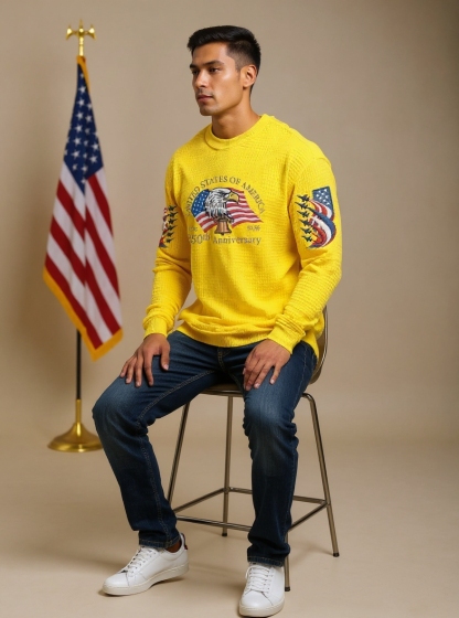 Men's 250th Anniversary of the Founding of the United States Printed Waffle Long-Sleeve T-Shirt!