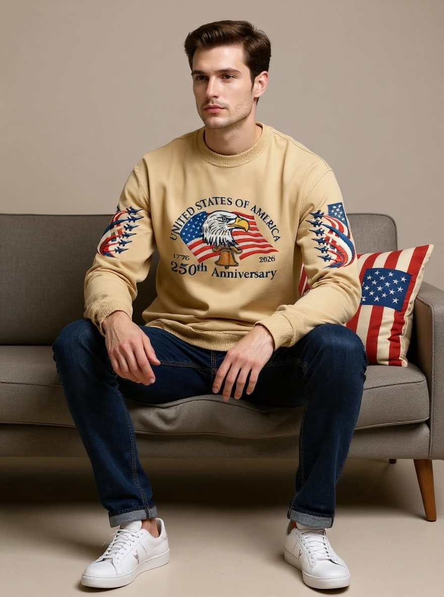 Men's 250th Anniversary of the Founding of the United States Printed Waffle Long-Sleeve T-Shirt!