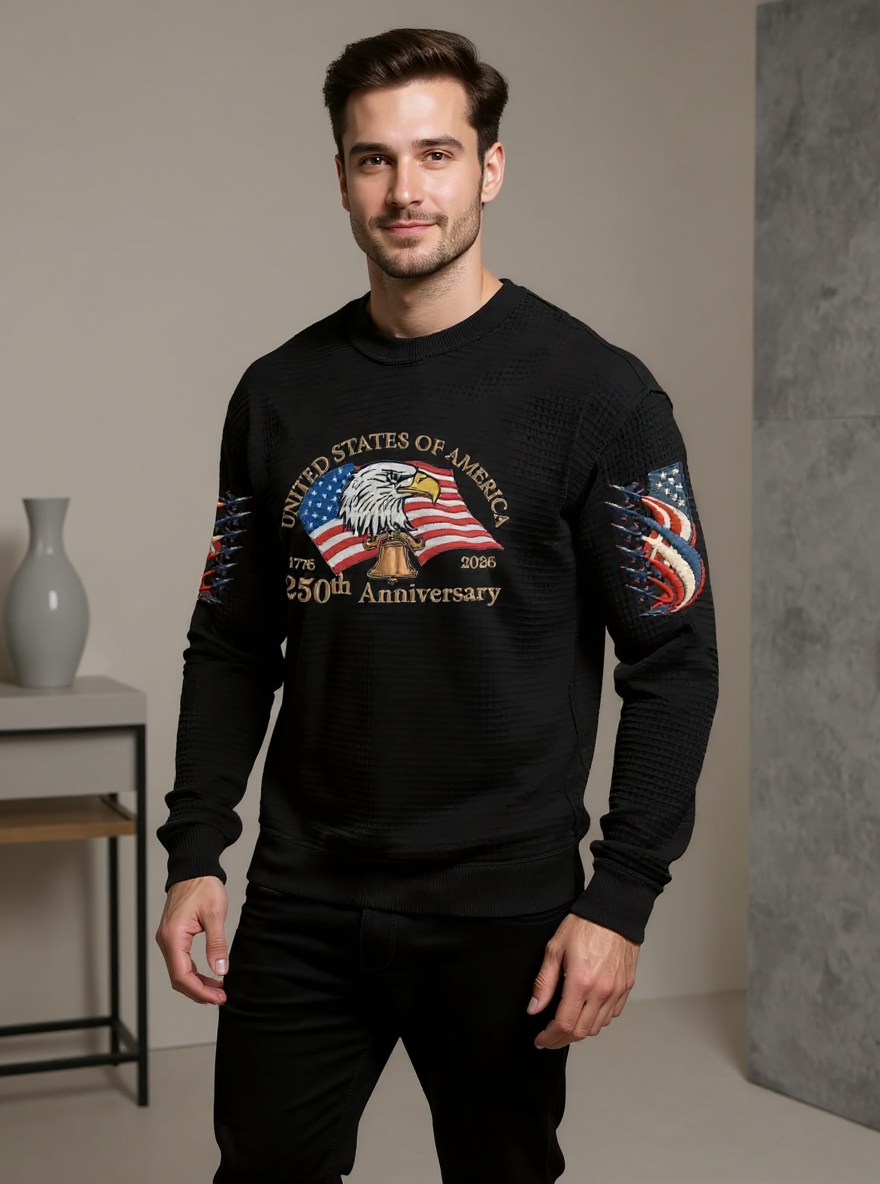Men's 250th Anniversary of the Founding of the United States Printed Waffle Long-Sleeve T-Shirt!