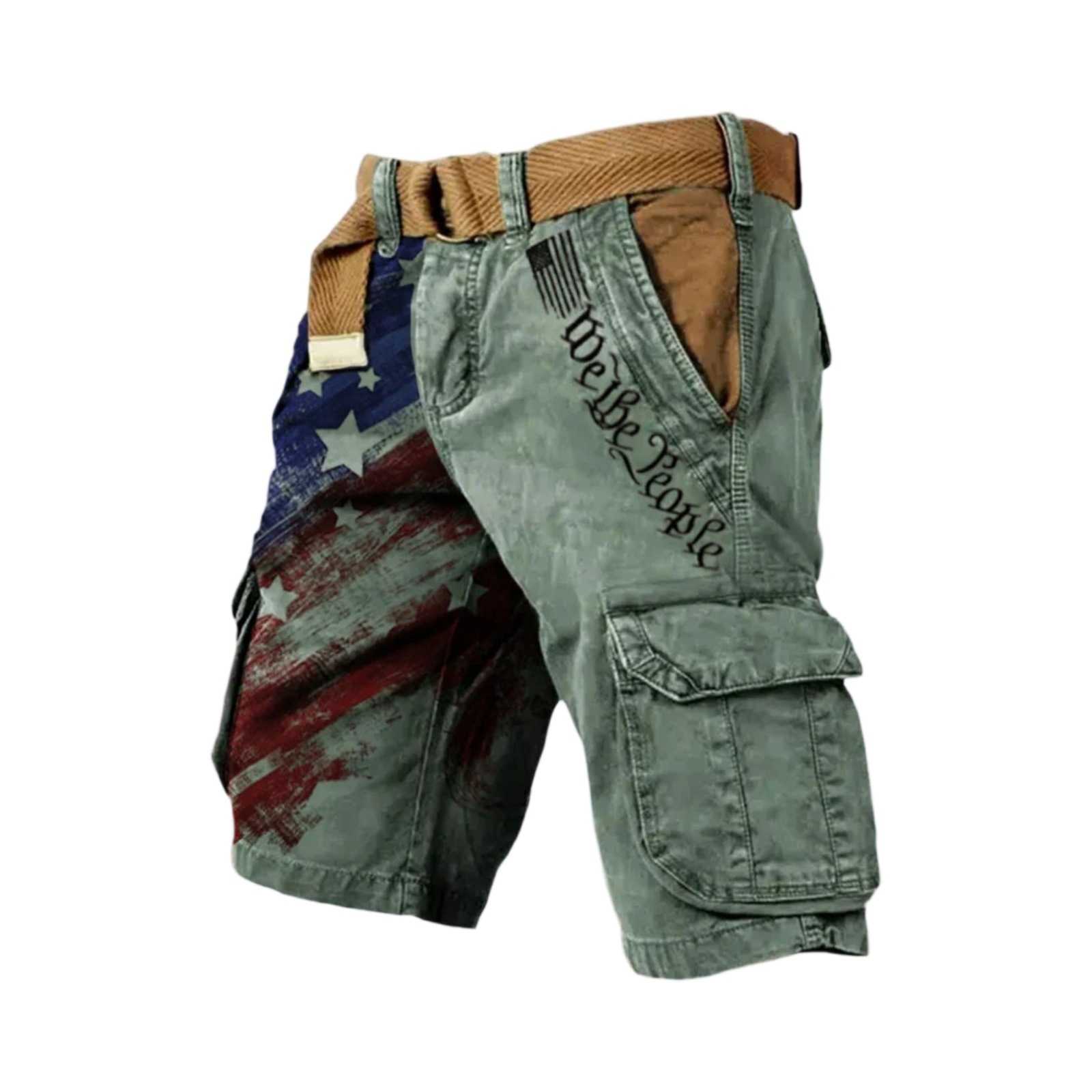 [Copy]Men's Retro Flag Print Cargo Shorts (Belt Not Included)!
