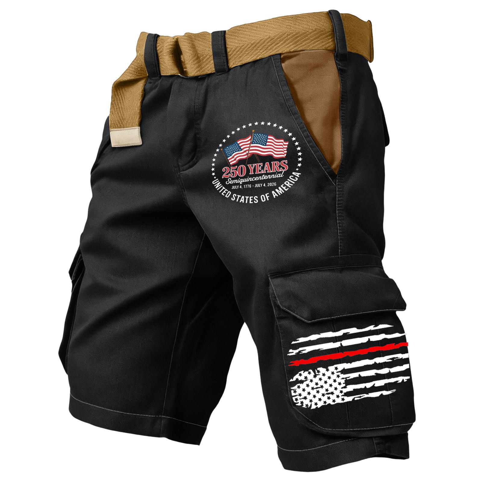 [Copy][Copy][Copy]Men's Retro Flag Print Cargo Shorts (Belt Not Included)!