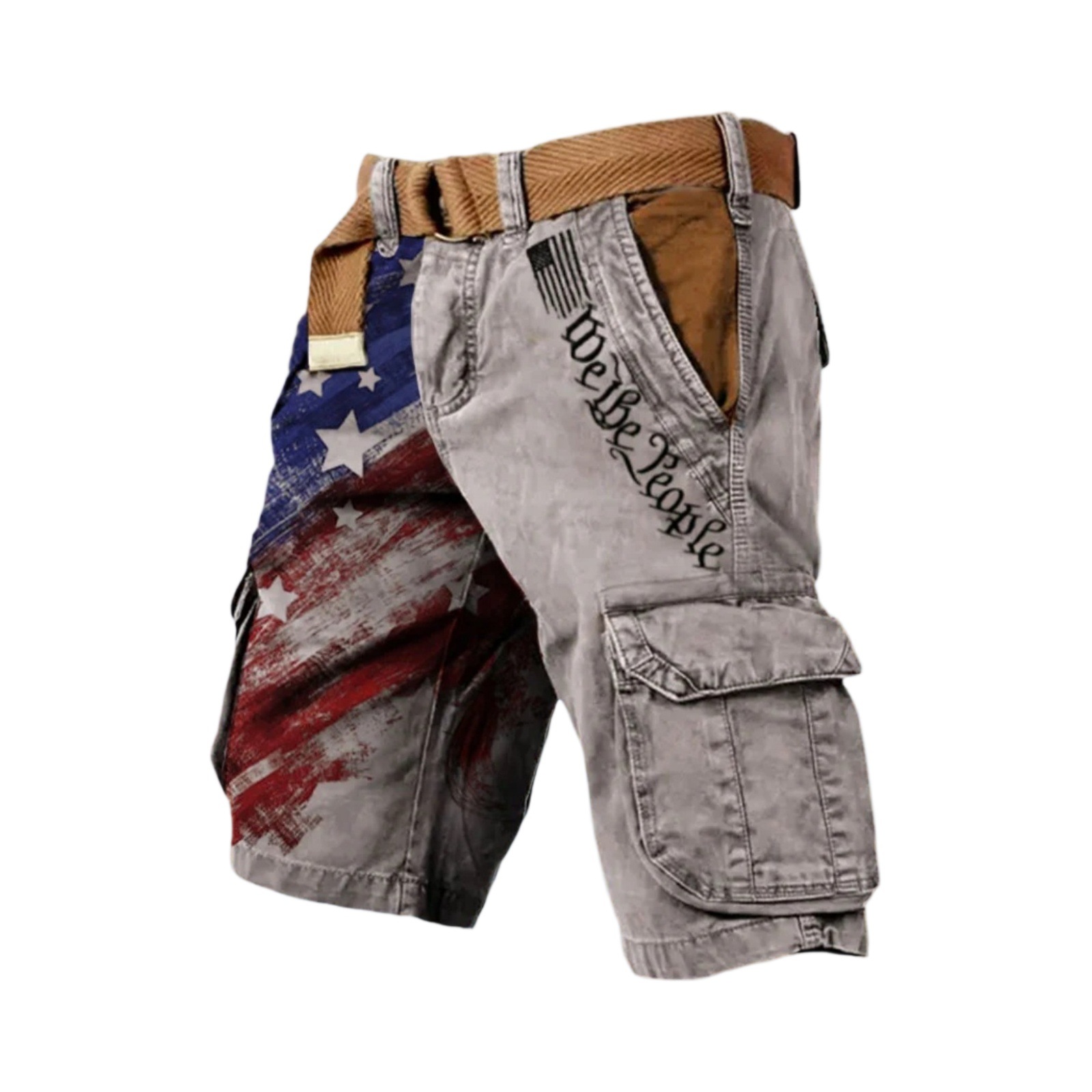[Copy]Men's Retro Flag Print Cargo Shorts (Belt Not Included)!