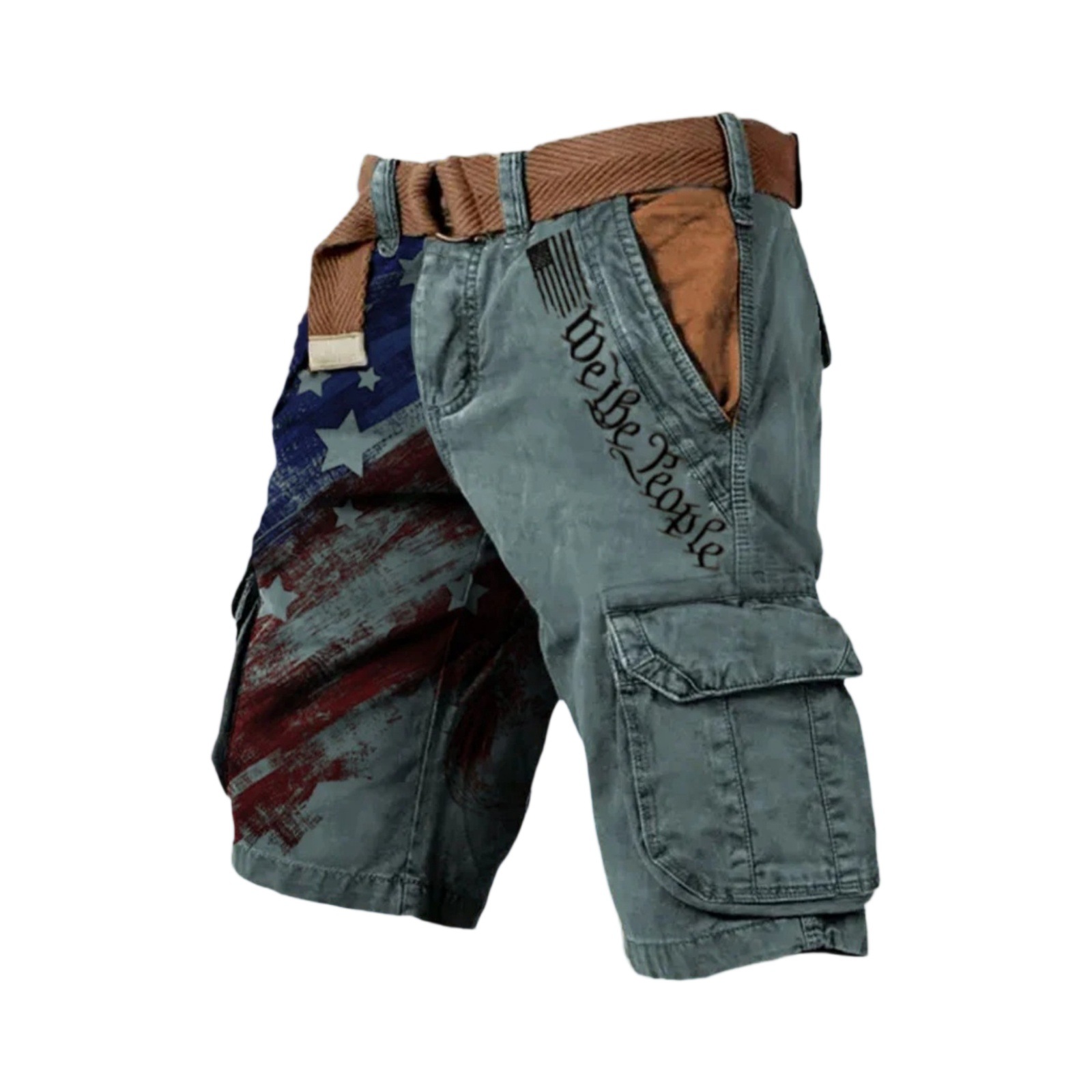 [Copy]Men's Retro Flag Print Cargo Shorts (Belt Not Included)!