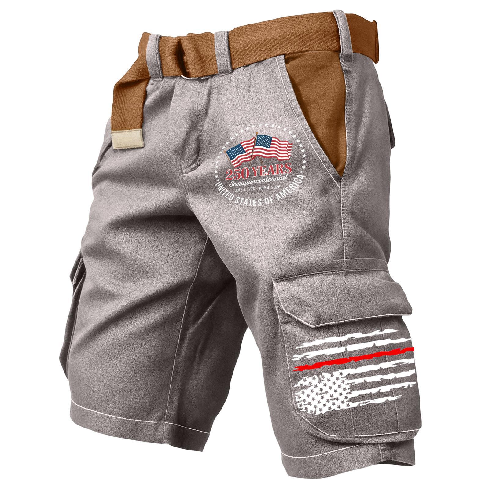 [Copy][Copy][Copy]Men's Retro Flag Print Cargo Shorts (Belt Not Included)!