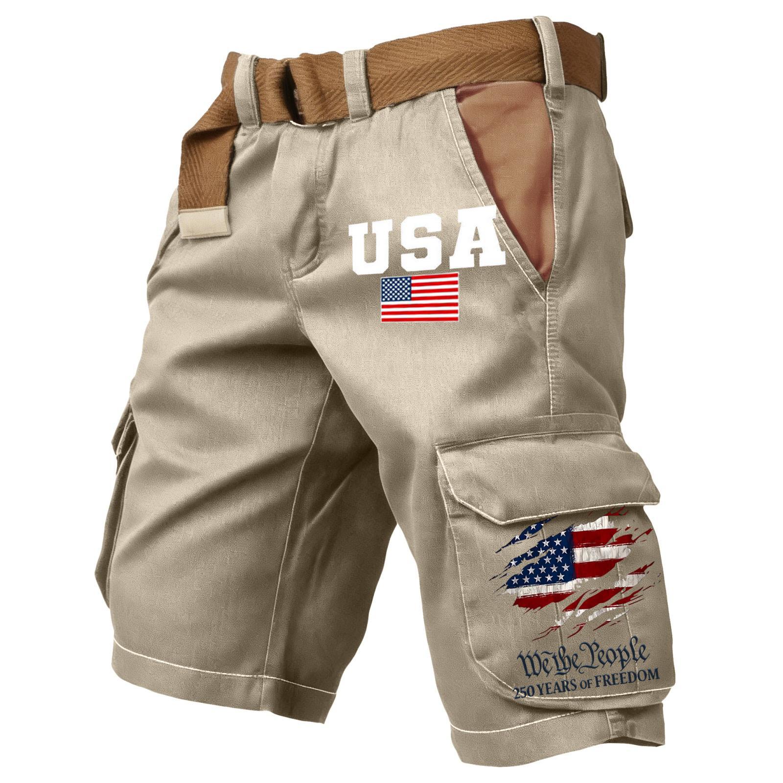 [Copy][Copy][Copy][Copy]Men's Retro Flag Print Cargo Shorts (Belt Not Included)!