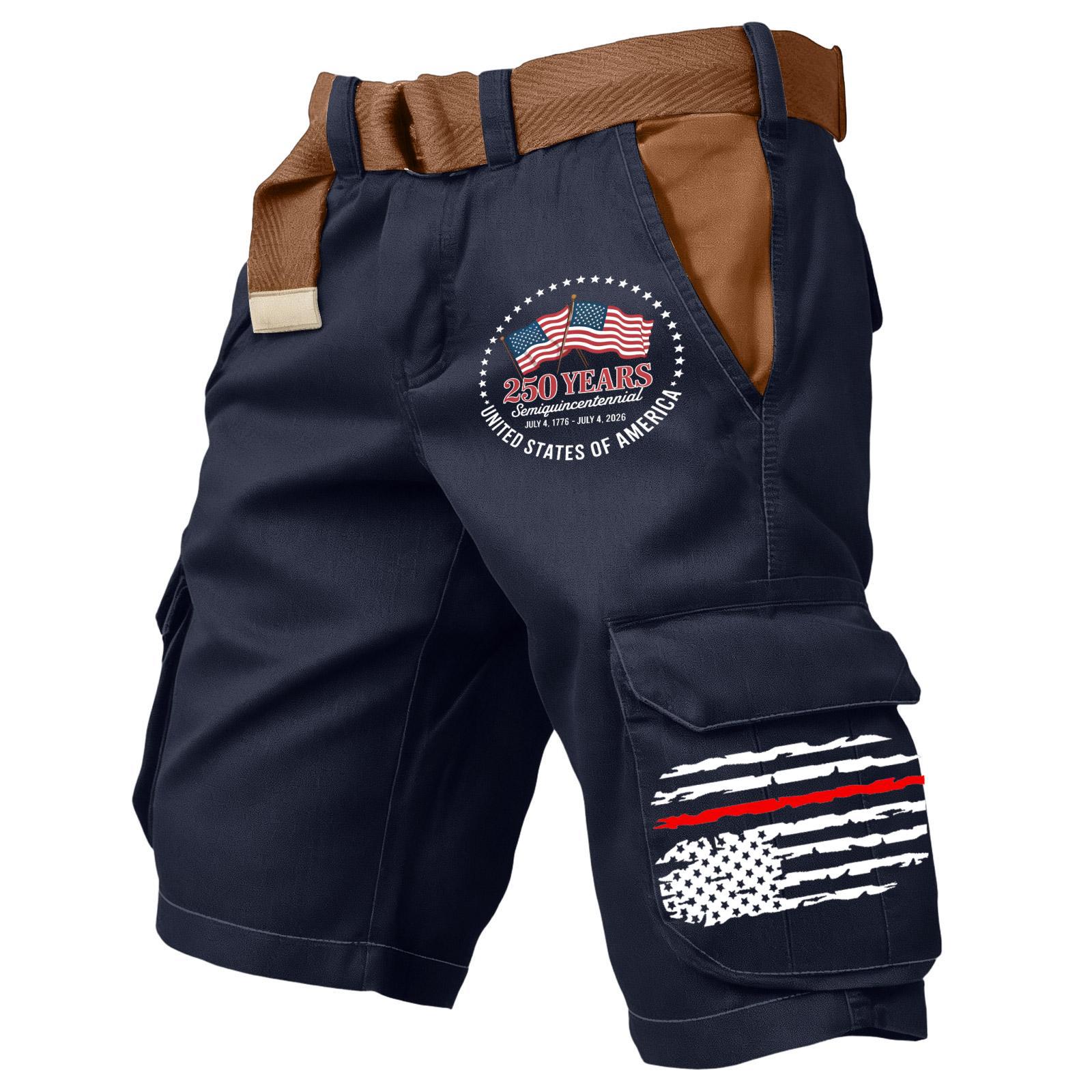 [Copy][Copy][Copy]Men's Retro Flag Print Cargo Shorts (Belt Not Included)!