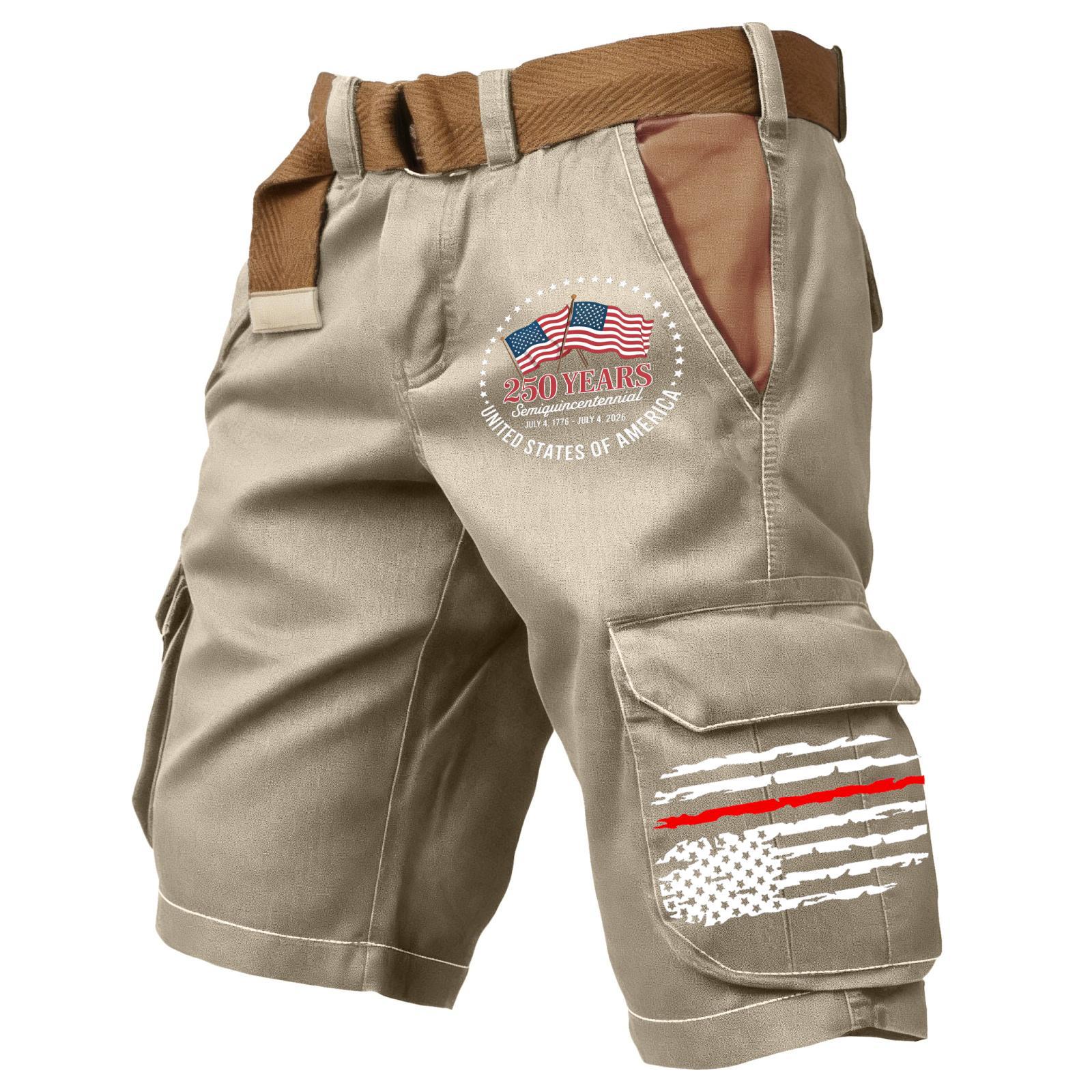 [Copy][Copy][Copy]Men's Retro Flag Print Cargo Shorts (Belt Not Included)!