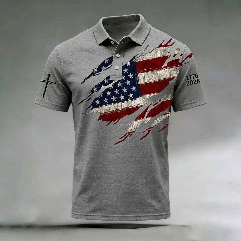 🎉New Arrival:America 250th Anniversary – Vintage Patriotic Short Sleeve Polo Shirt Product Overview