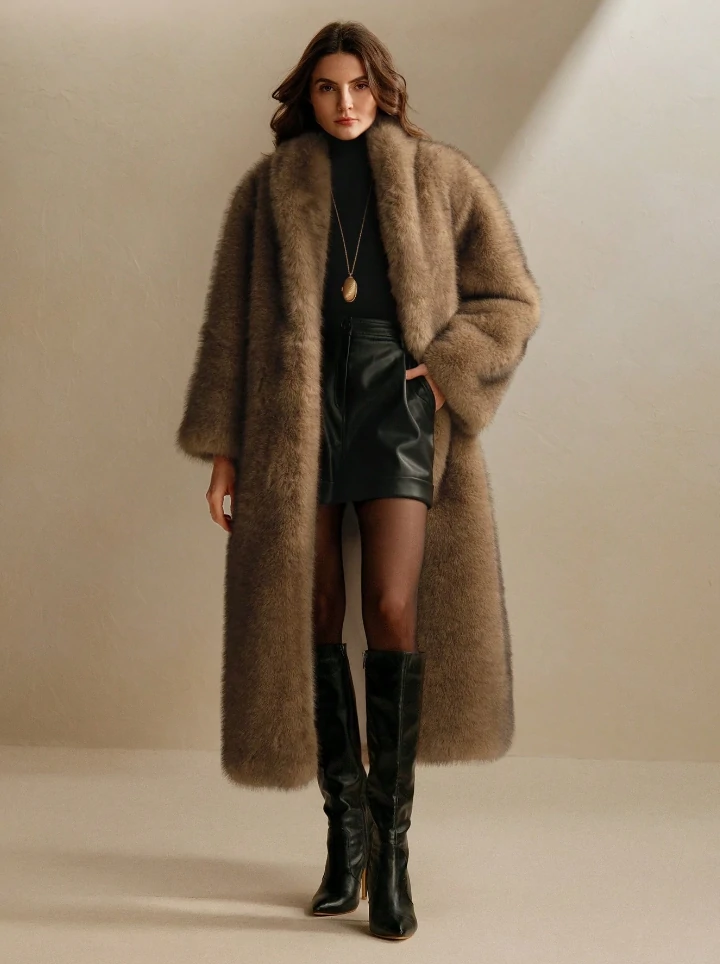 New Autumn/Winter Fashion Lady-Like Fluffy Fox-Fur Collar Long Coat, Fur & Faux Leather Shaggy Outerwear For Women