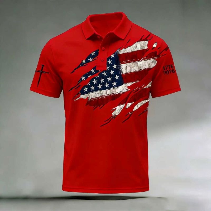 🎉New Arrival:America 250th Anniversary – Vintage Patriotic Short Sleeve Polo Shirt Product Overview