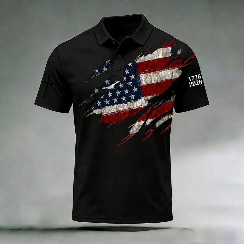 🎉New Arrival:America 250th Anniversary – Vintage Patriotic Short Sleeve Polo Shirt Product Overview