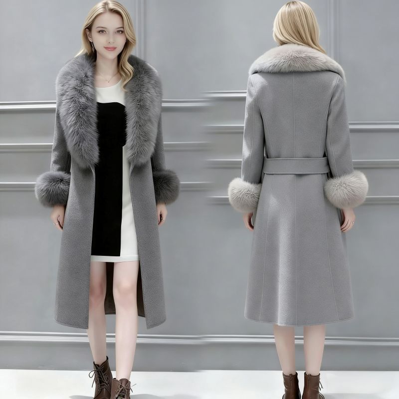 Elegant Women's Winter Slim-Fit Wool Coat with Oversized Detachable Fur Collar