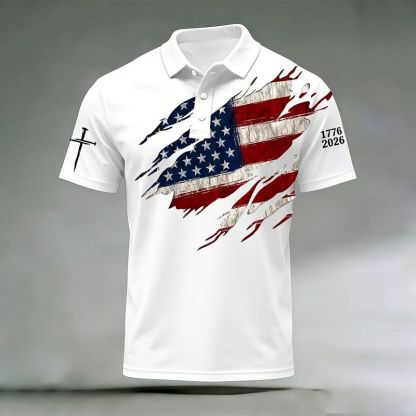 🎉New Arrival:America 250th Anniversary – Vintage Patriotic Short Sleeve Polo Shirt Product Overview