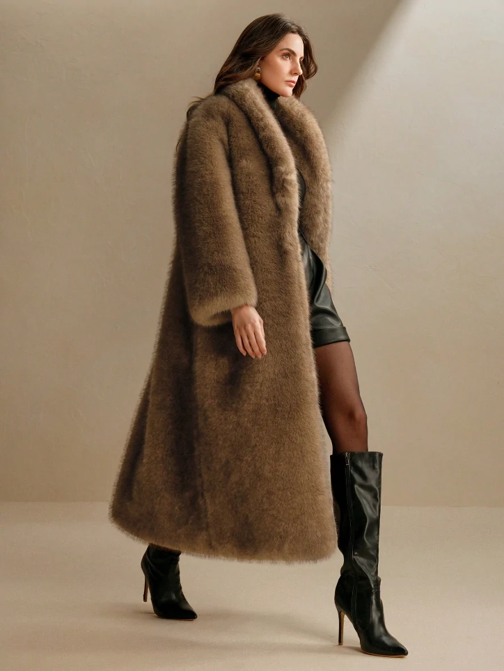 New Autumn/Winter Fashion Lady-Like Fluffy Fox-Fur Collar Long Coat, Fur & Faux Leather Shaggy Outerwear For Women
